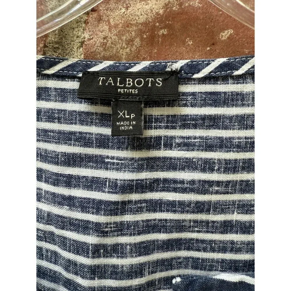 Talbots Womens Blue White Stripe Beaded Linen 3/4 Sleeve Petite XL PXL‎ Coastal